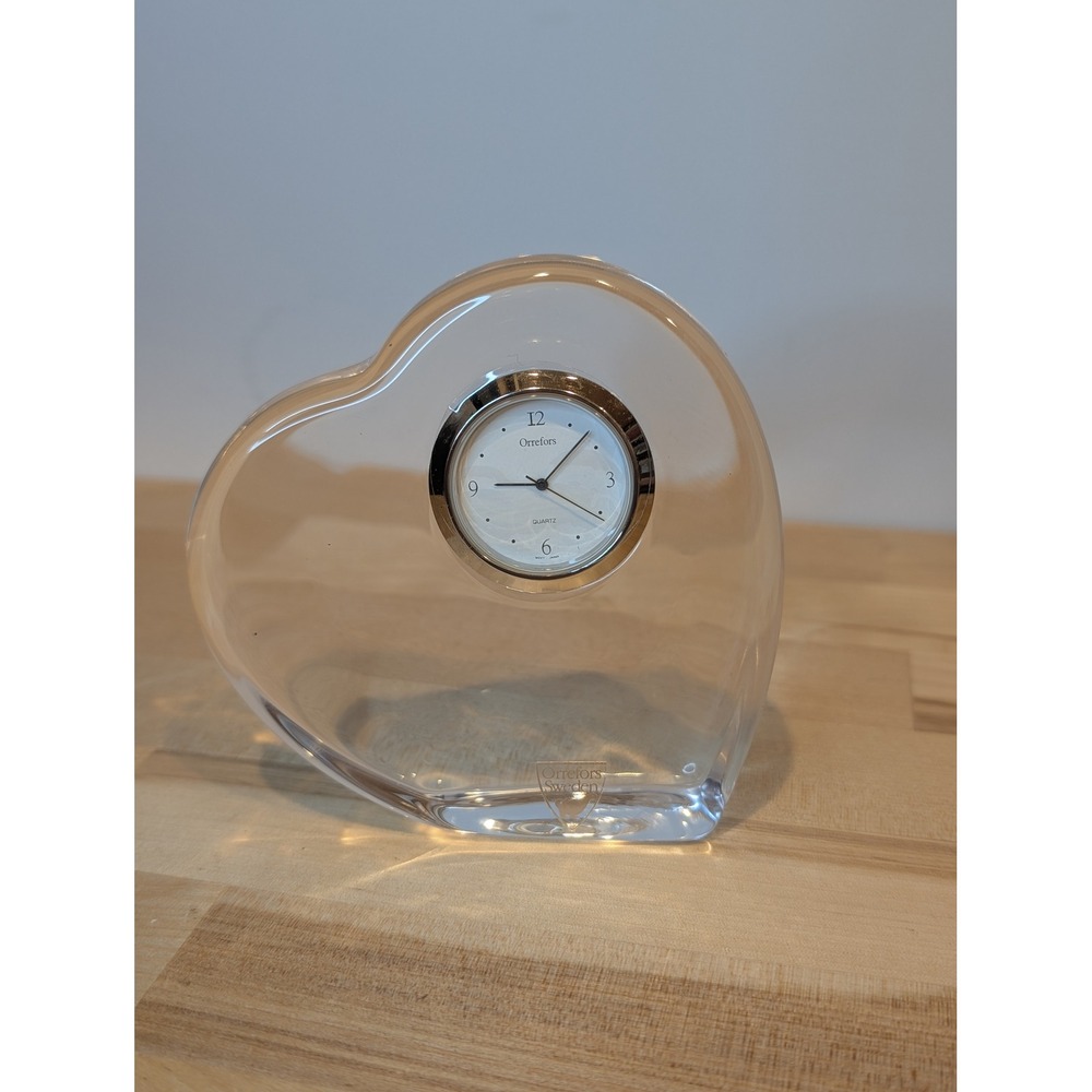 Orrefors Sweden‎ Crystal Heart Table Clock Quartz Desk Decor Valentine's Day E2